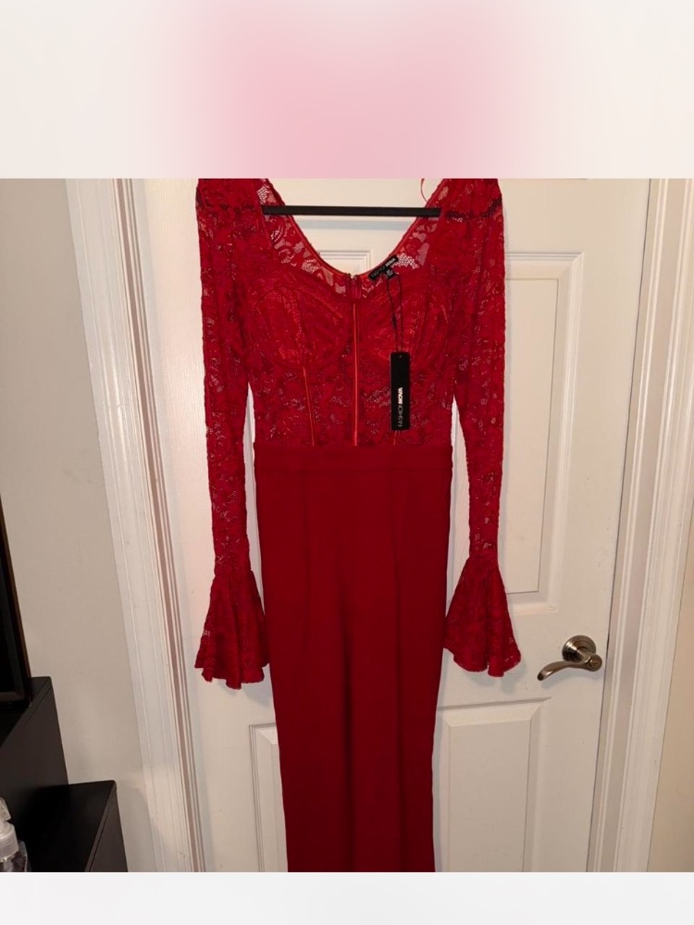Red Lace Long-Sleeve Evening Dress
